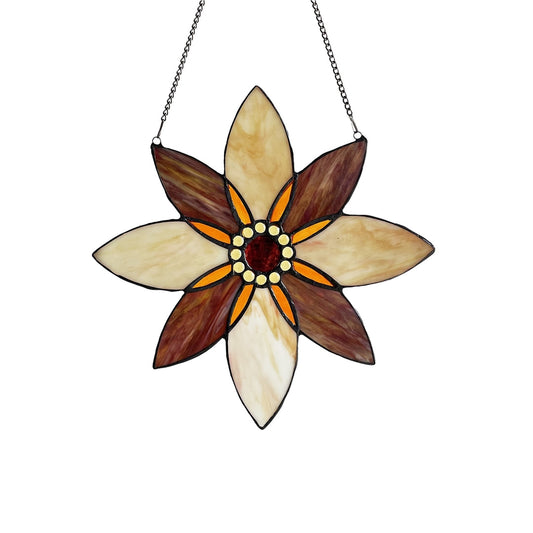 Floral Stained Glass Window Suncatcher – Amber & Cream, 13 in.