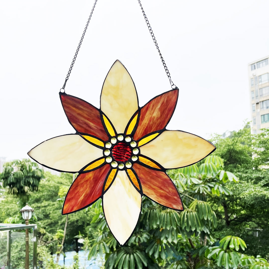 Floral Stained Glass Window Suncatcher – Amber & Cream, 13 in.