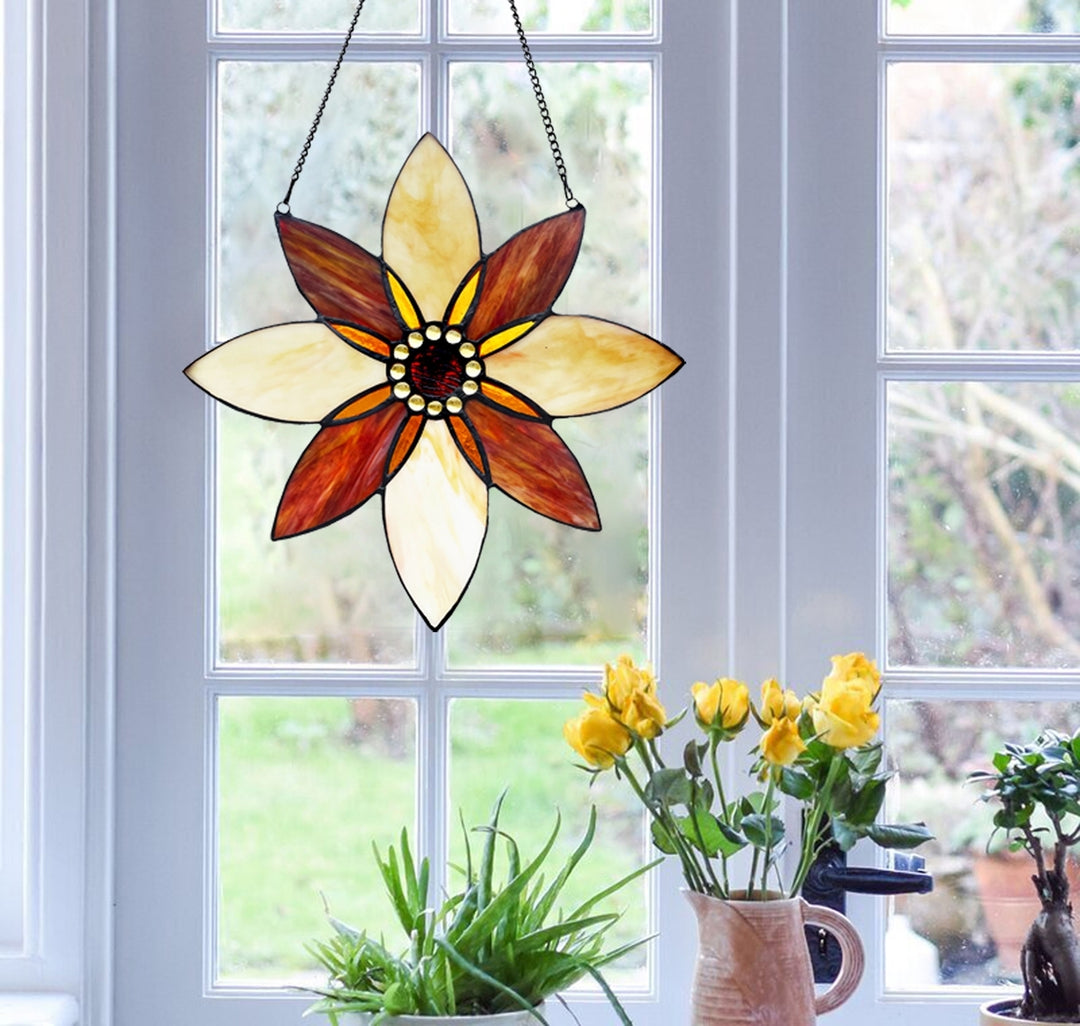 Floral Stained Glass Window Suncatcher – Amber & Cream, 13 in.