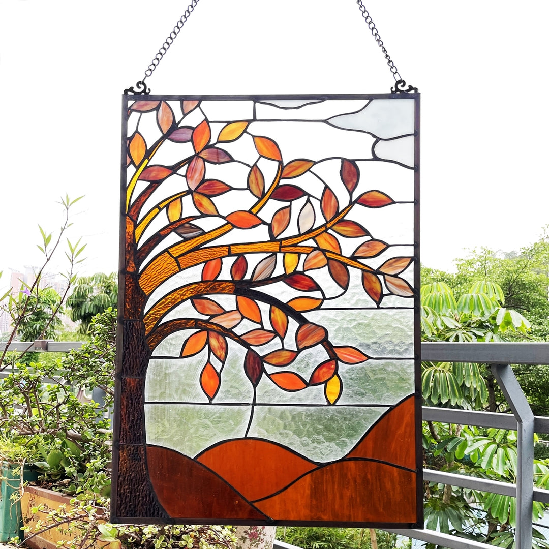 24" x 16" Autumn Tree Stained Glass Window Panel