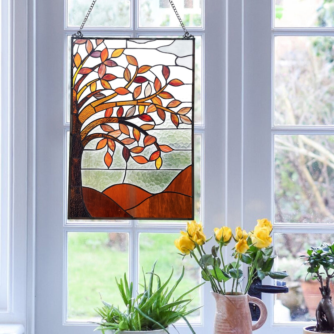 24" x 16" Autumn Tree Stained Glass Window Panel