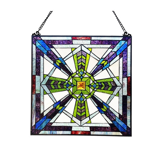 18" x 18" Mission-Style Geometric Stained Glass Window Panel