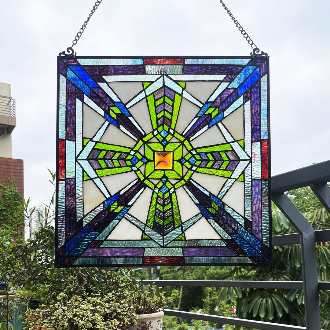 18" x 18" Mission-Style Geometric Stained Glass Window Panel