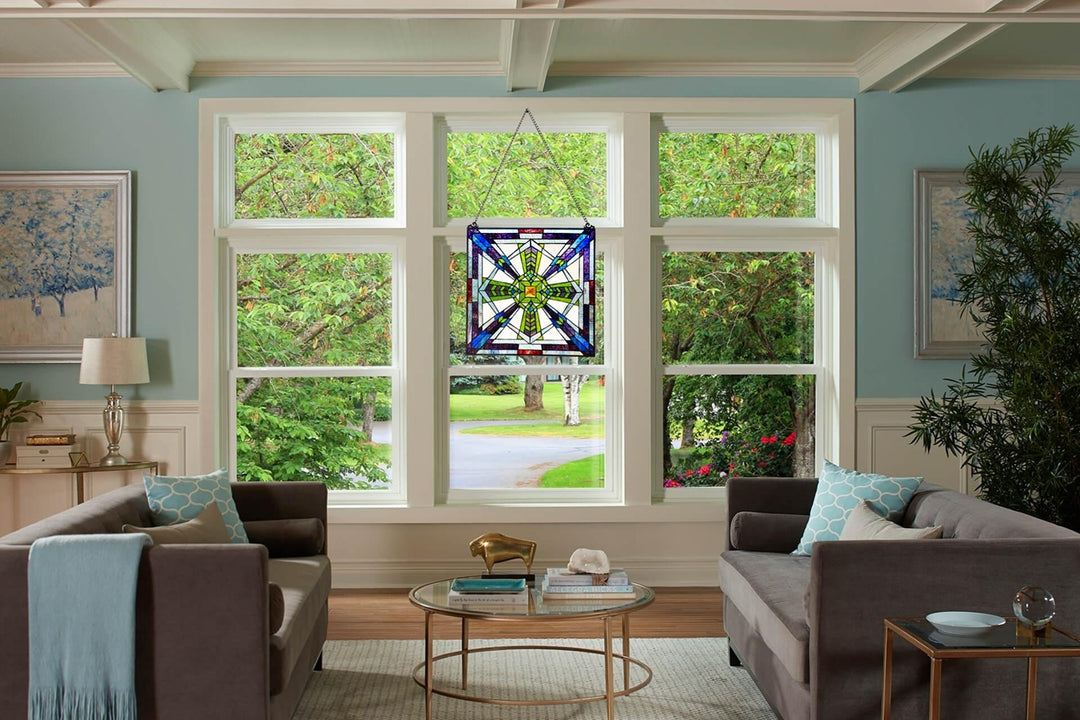 18" x 18" Mission-Style Geometric Stained Glass Window Panel