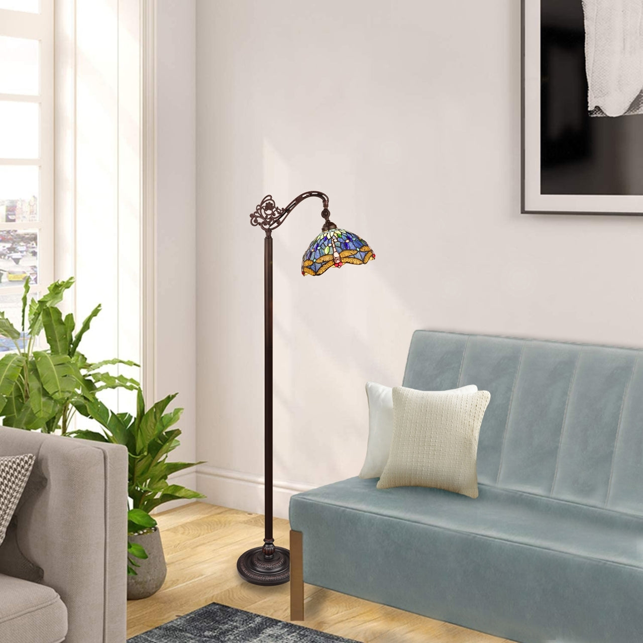 61.9" Antique Vintage Style Stained Glass Dragonfly Floor Reading Lamp