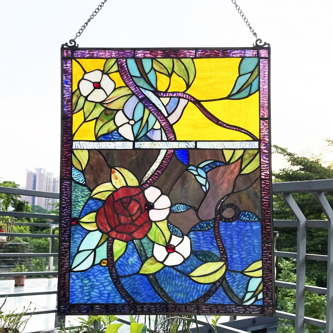 24" x 18" Rose Floral Stained Glass Window Panel