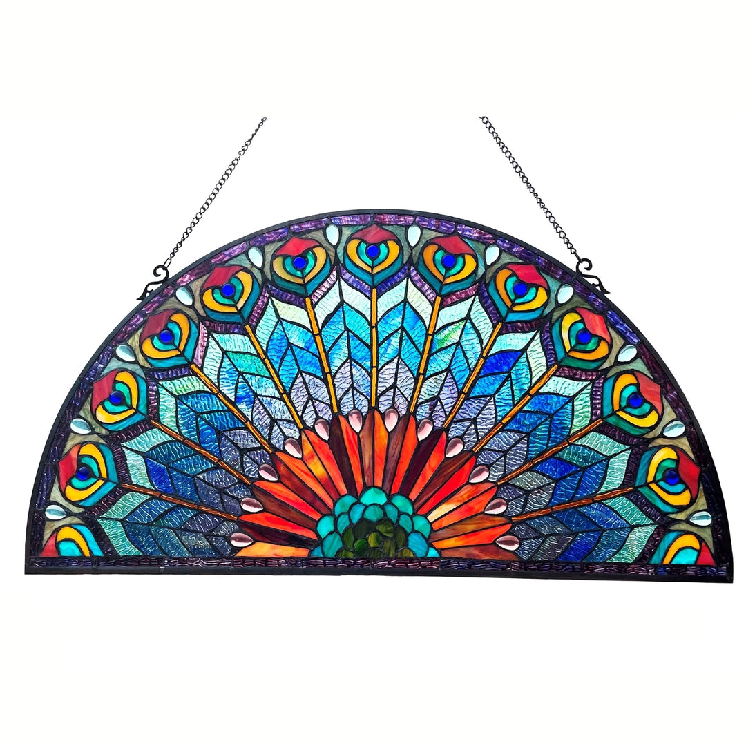 Peacock Feather Stained Glass Fan Window Panel – 35 in.