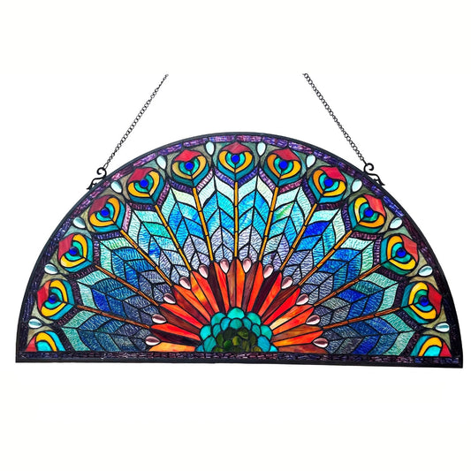 Peacock Feather Stained Glass Fan Window Panel – 35 in.