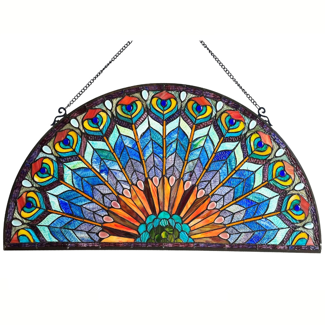 Peacock Feather Stained Glass Fan Window Panel – 35 in.