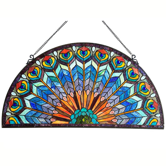 Peacock Feather Stained Glass Fan Window Panel – 35 in.