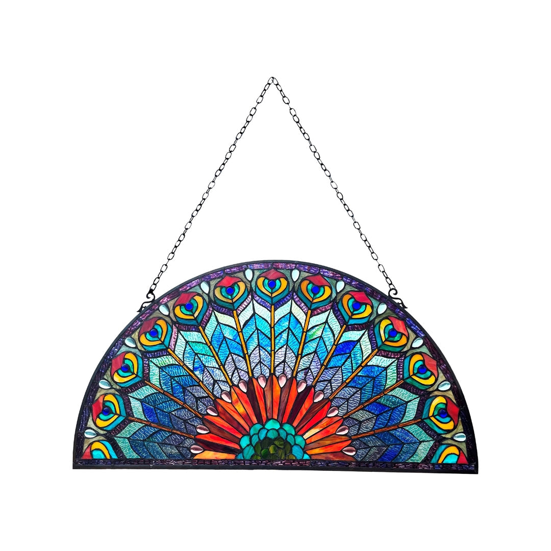 Peacock Feather Stained Glass Fan Window Panel – 35 in.
