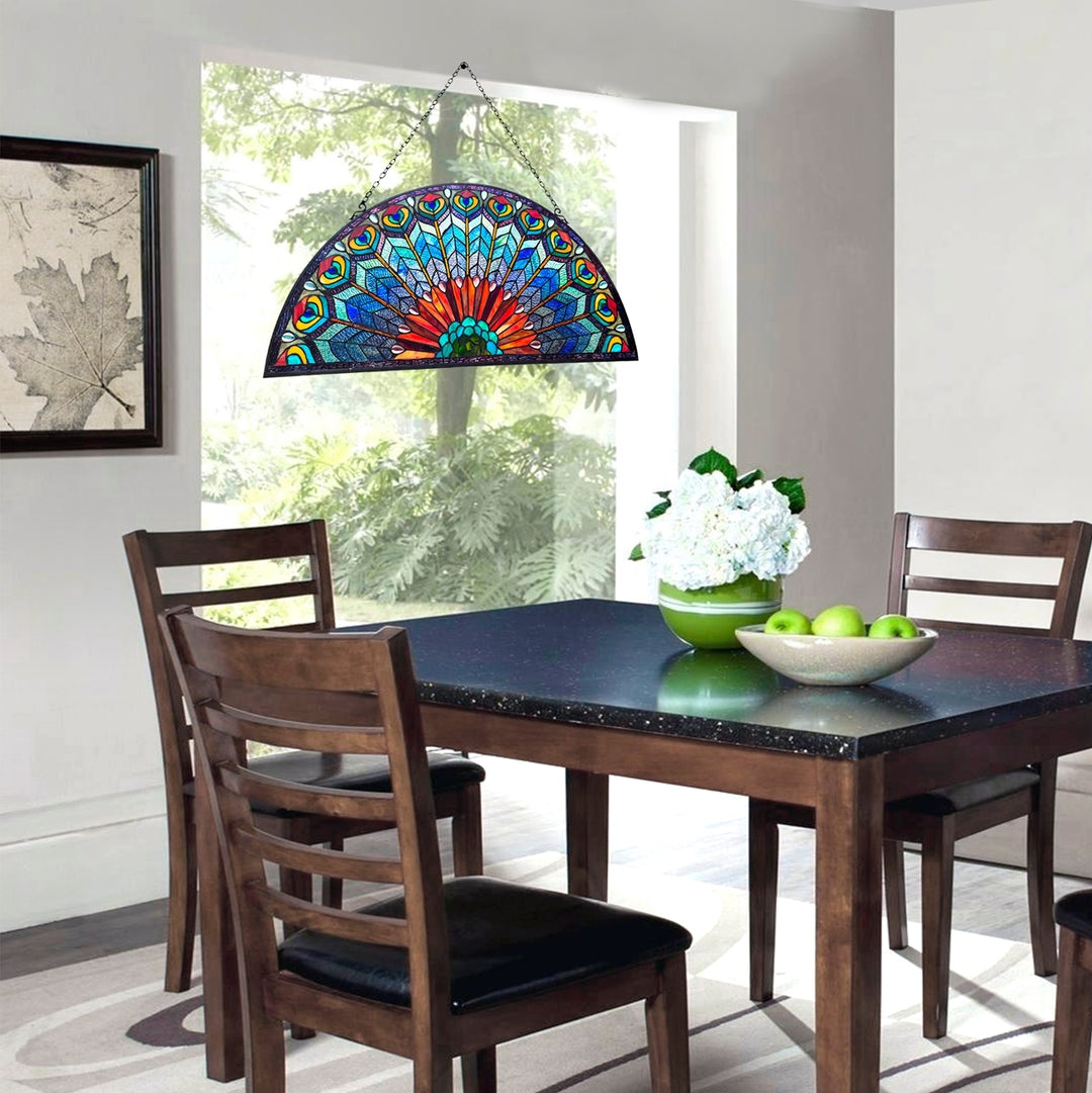 Peacock Feather Stained Glass Fan Window Panel – 35 in.