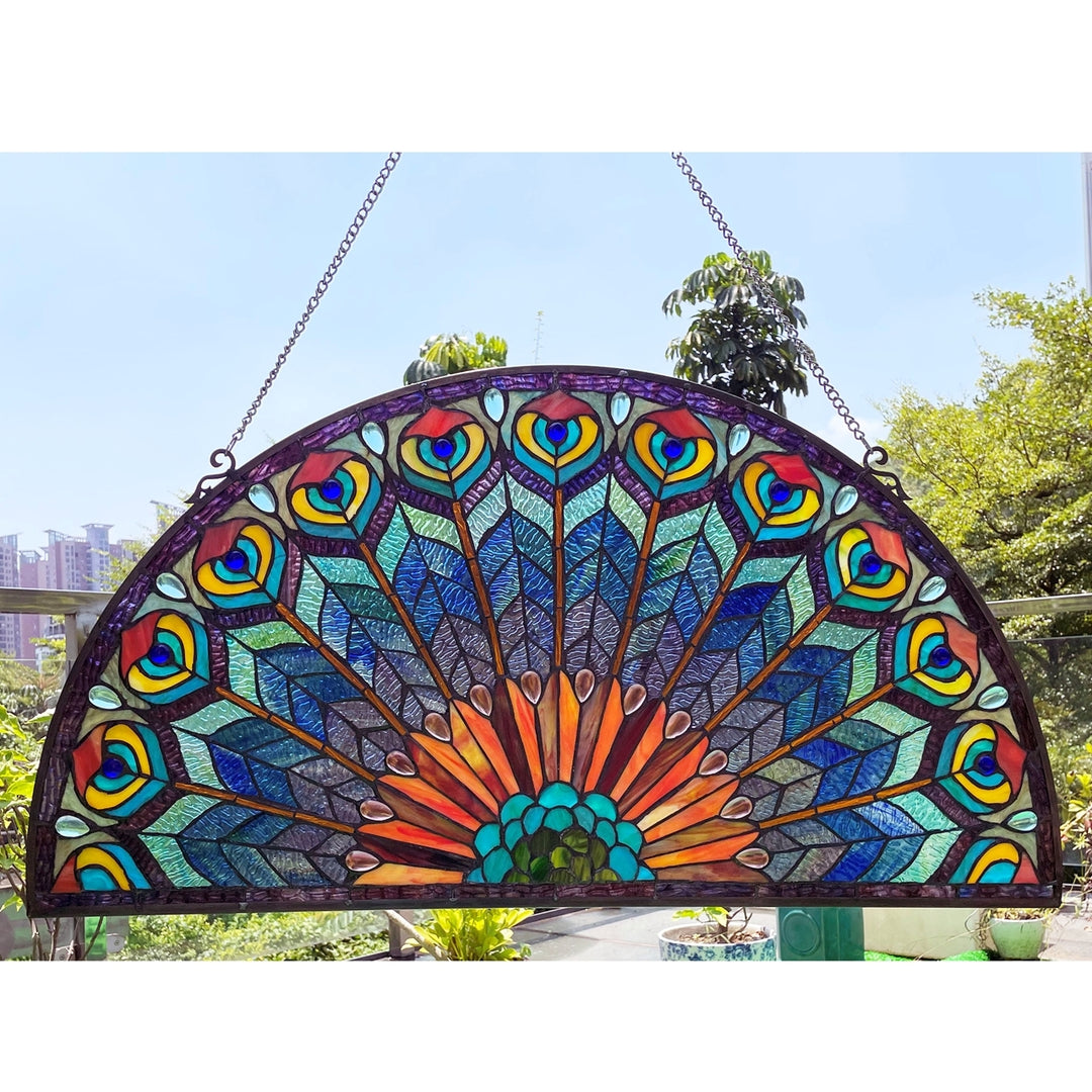 Peacock Feather Stained Glass Fan Window Panel – 35 in.