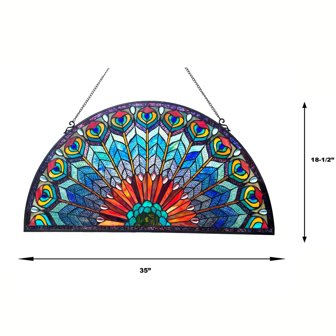 Peacock Feather Stained Glass Fan Window Panel – 35 in.