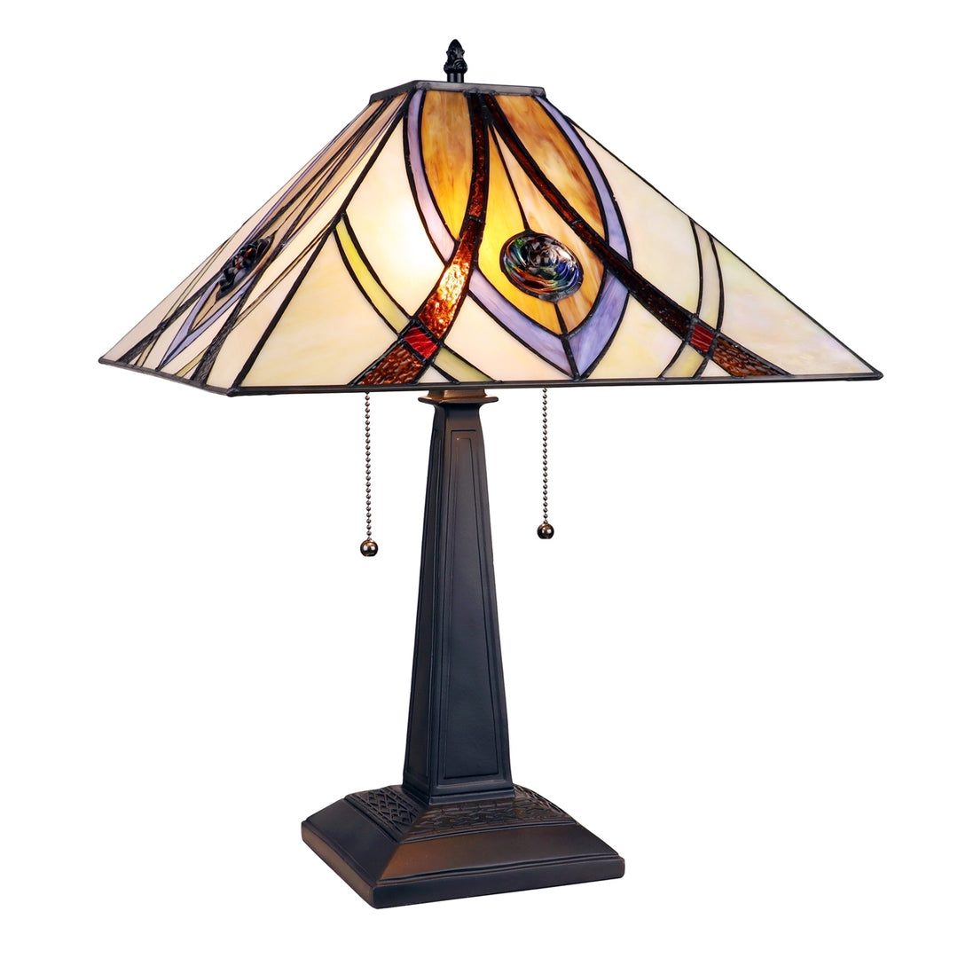 22.3" x 16" Mission-Style Geometric Stained Glass Table Lamp – Amber & Lavender