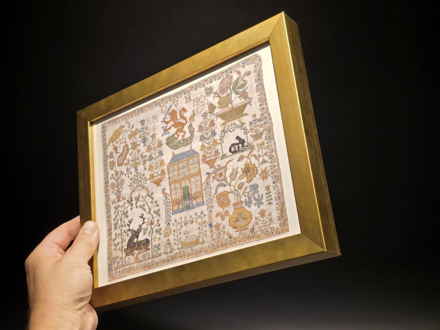 11" x 8.5" Framed Sampler PRINT – Early American Folk Embroidery Design