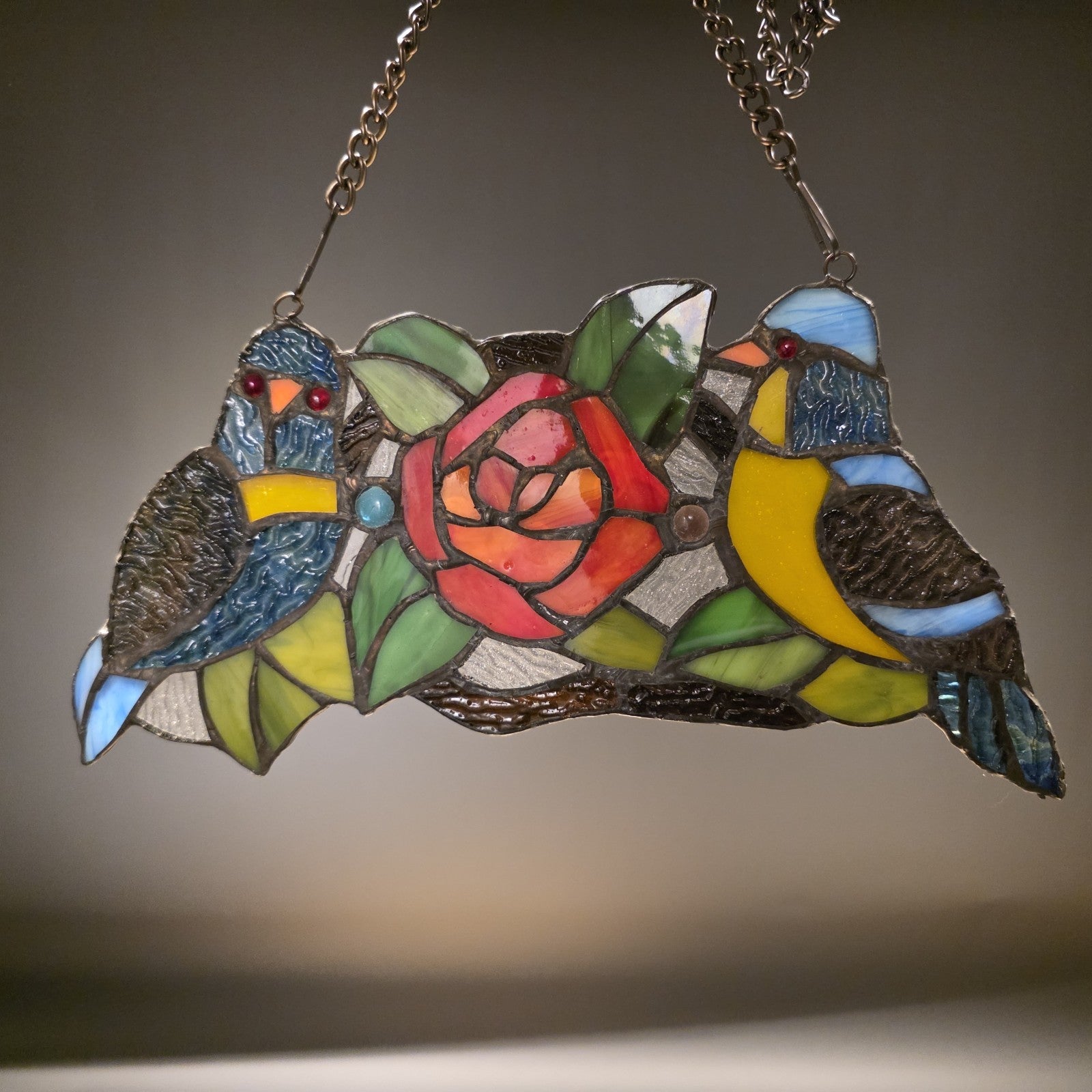 Tiffany Style Stained Glass Birds Panel – Rose Floral Suncatcher