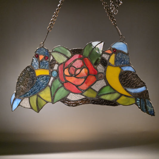 Tiffany Style Stained Glass Birds Panel – Rose Floral Suncatcher