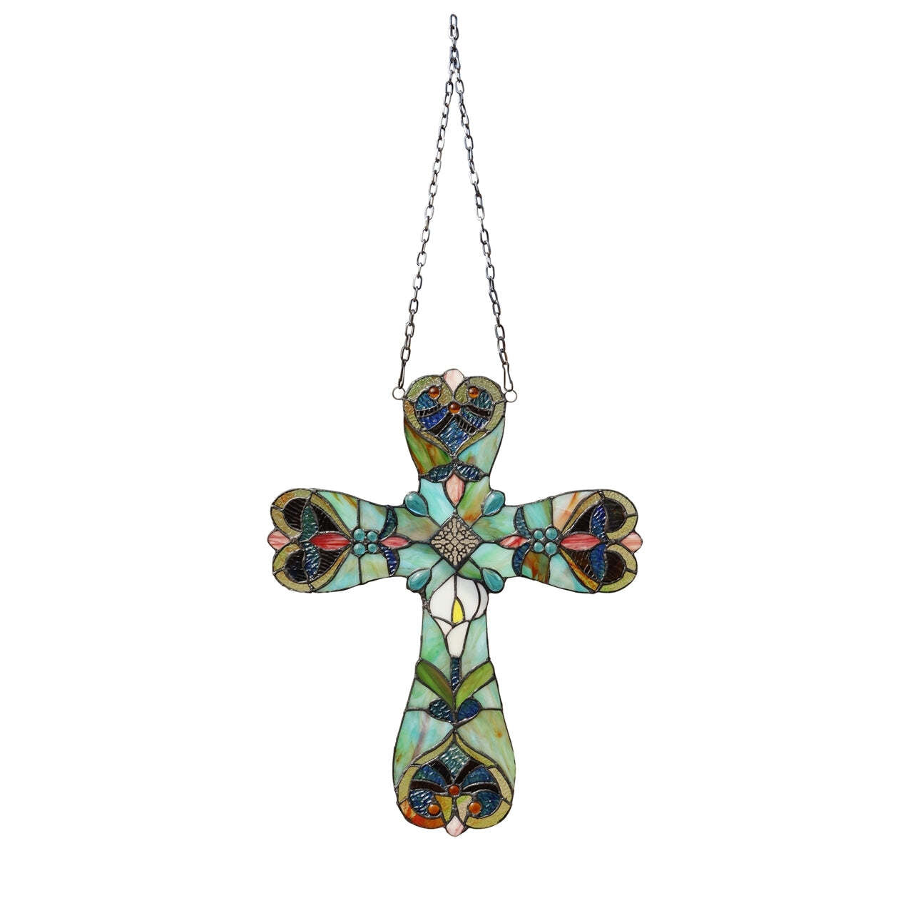 20" Antique Vintage Style Stained Glass Cross Window Hanging Panel Suncatcher
