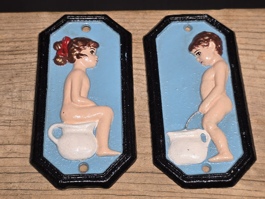 7" Antique Vintage Style Cast Iron Funny Boy Girl Bathroom Signs Plaque