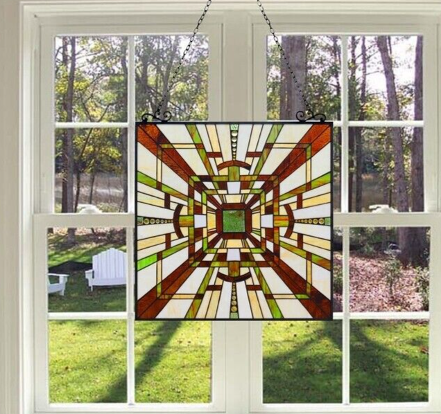 25.7" Mission Stained Glass Hanging Window Panel Suncatcher
