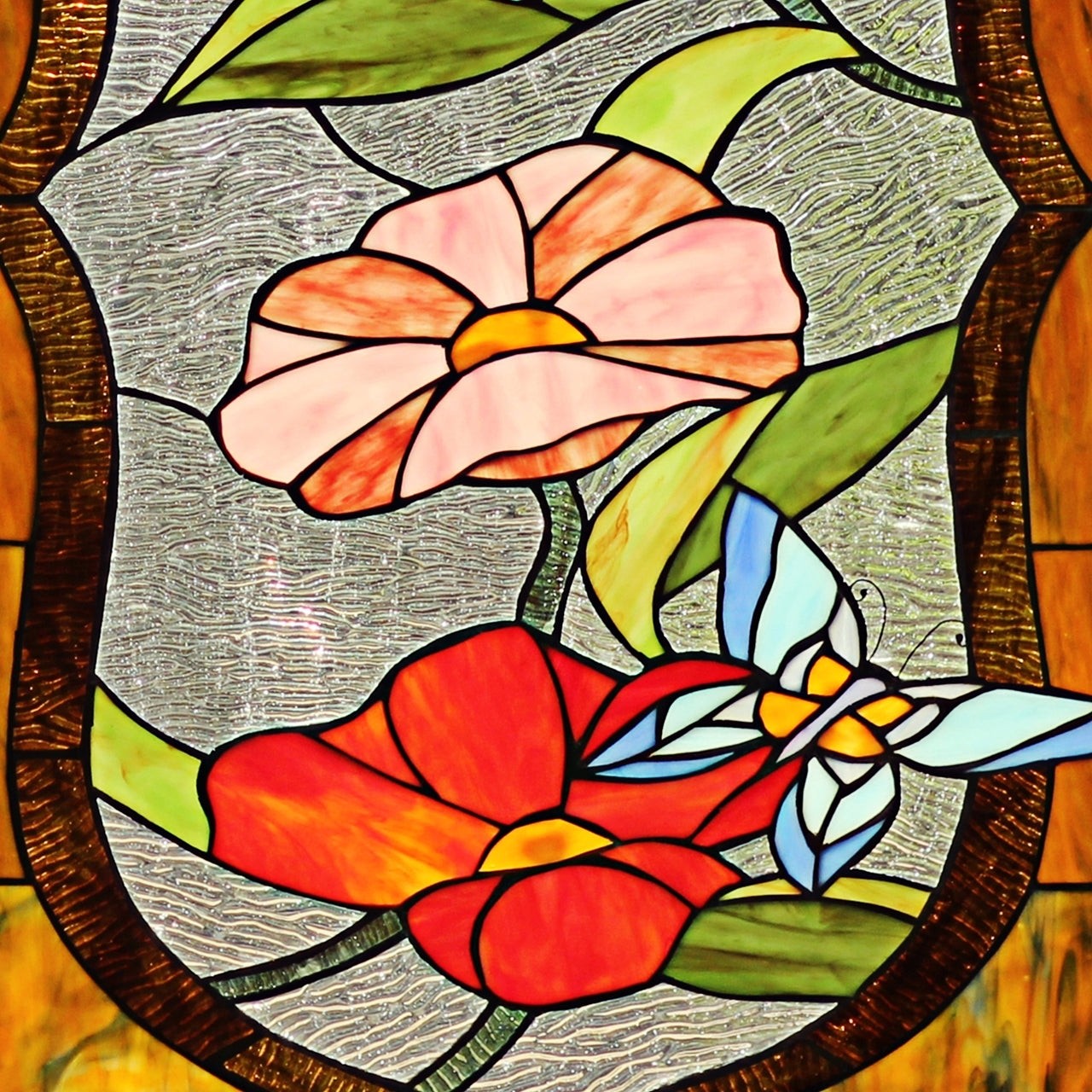 32.68" Tiffany Style Stained Glass Window Panel Poppy & Hummingbird
