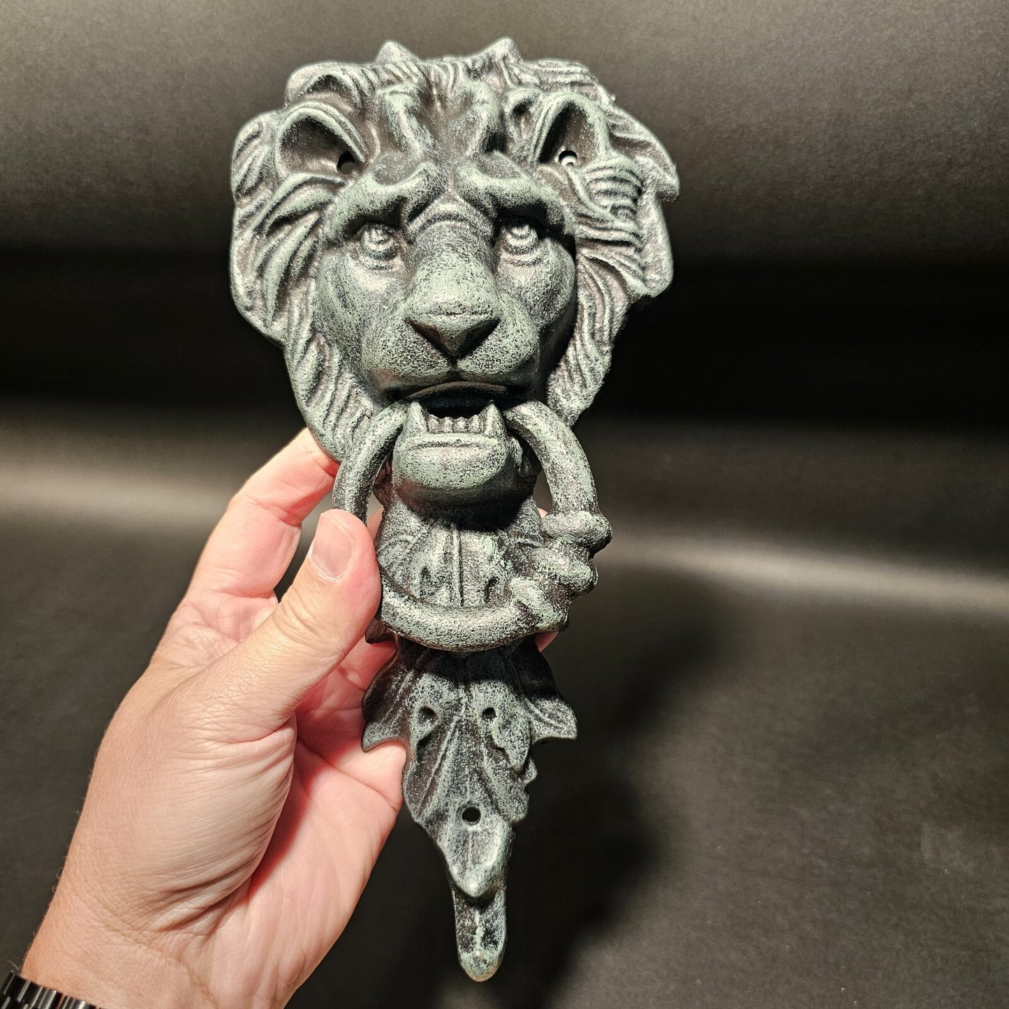 Antique Vintage Style Cast Verdi Green Iron Lion Door Knocker w Hook