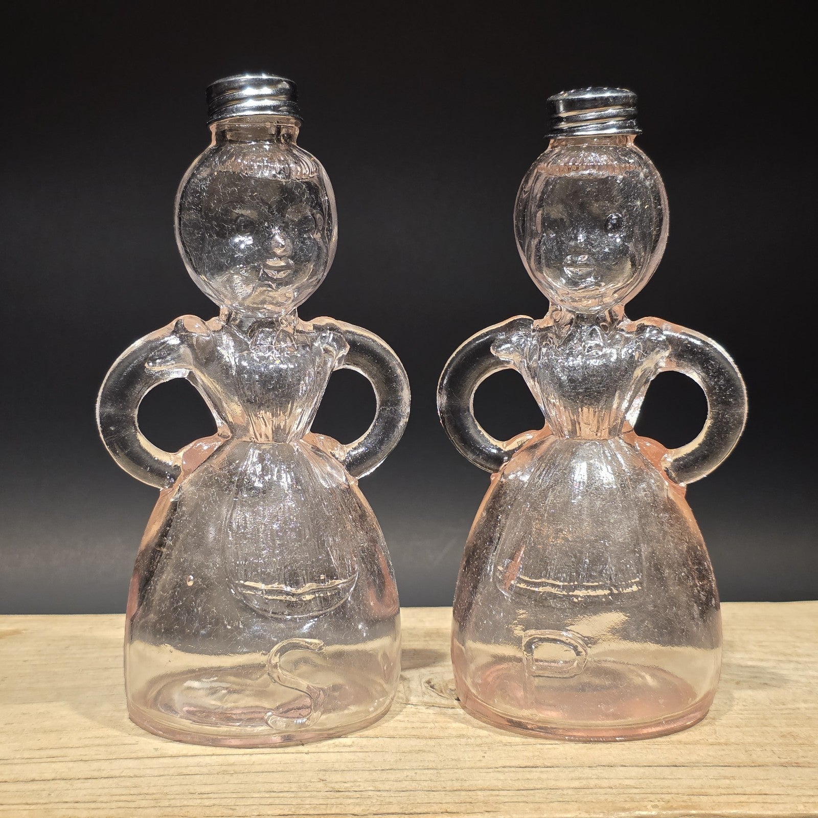 7" Vintage Style Pair Pink Glass Lady Salt Pepper Shakers – Depression Style