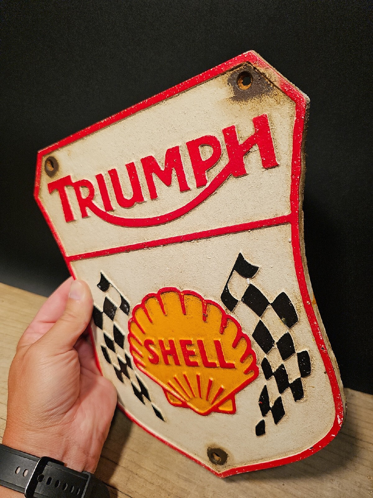 Antique Vintage Style Cast Iron Triumph Shell Gas Oil Sign Plaque