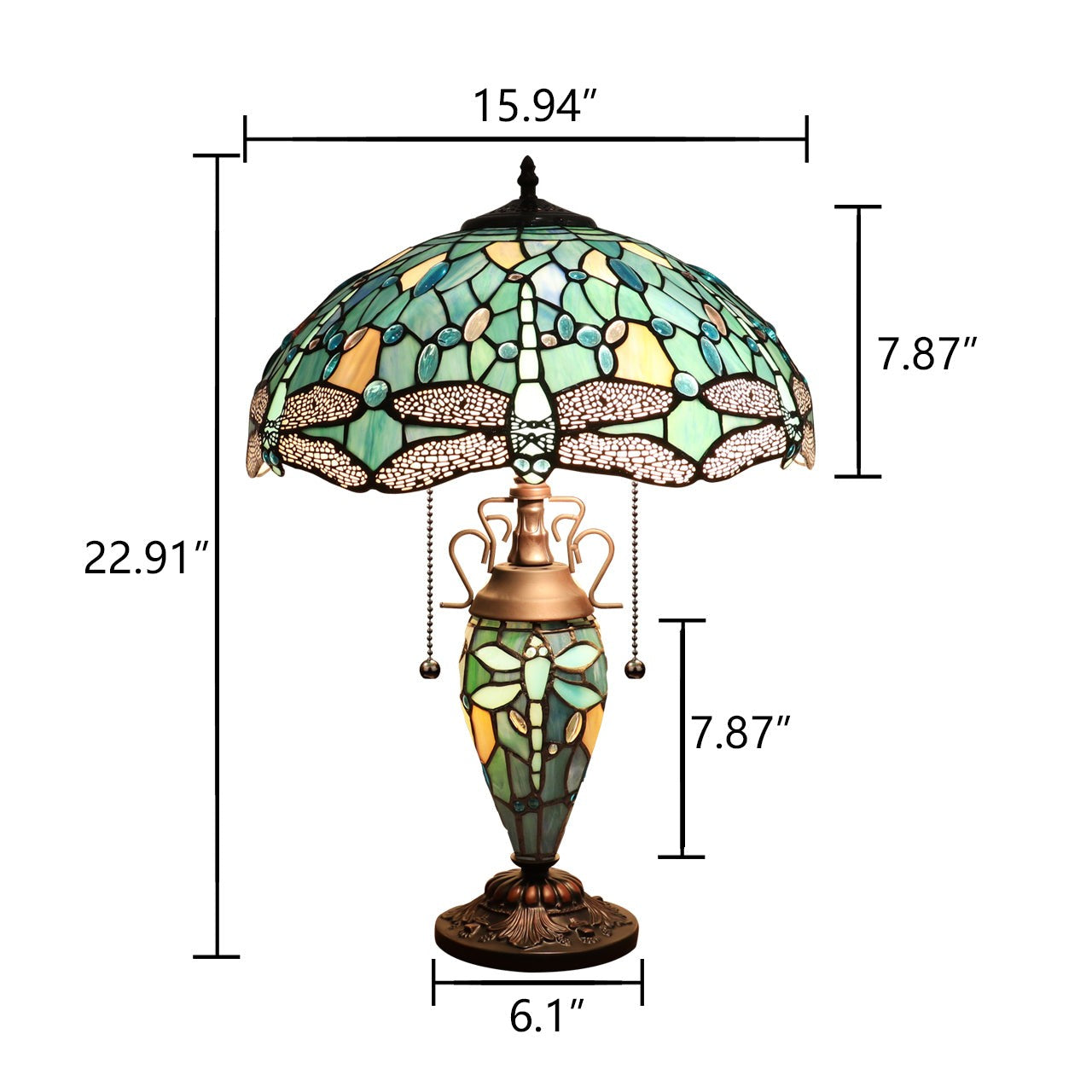 22.44" Antique Vintage Style Stained Glass Dragonfly Lighted Base Table Lamp