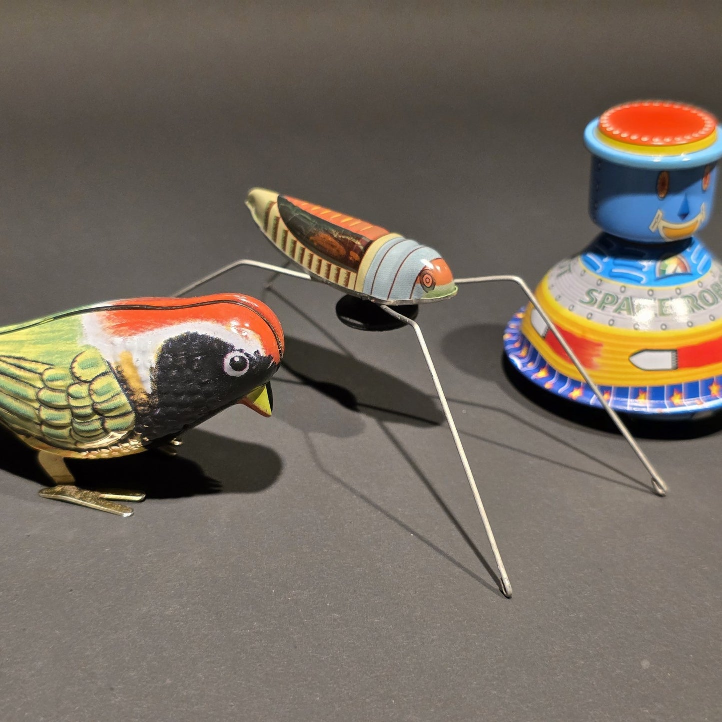 Vintage Tin Litho Wind-Up 5 Toy  Lot – Robot UFO Bird Train Cricket