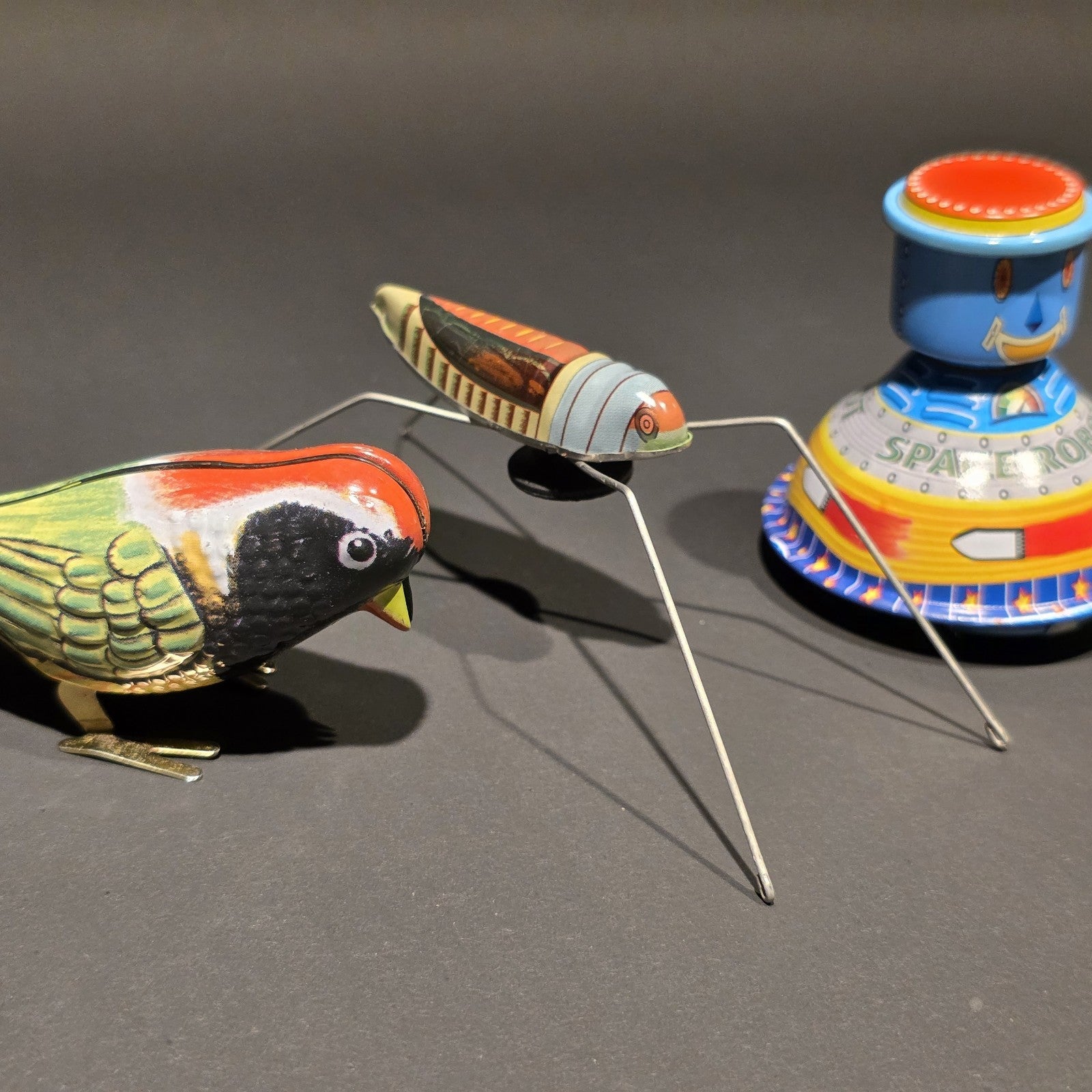 Vintage Tin Litho Wind-Up 5 Toy  Lot – Robot UFO Bird Train Cricket