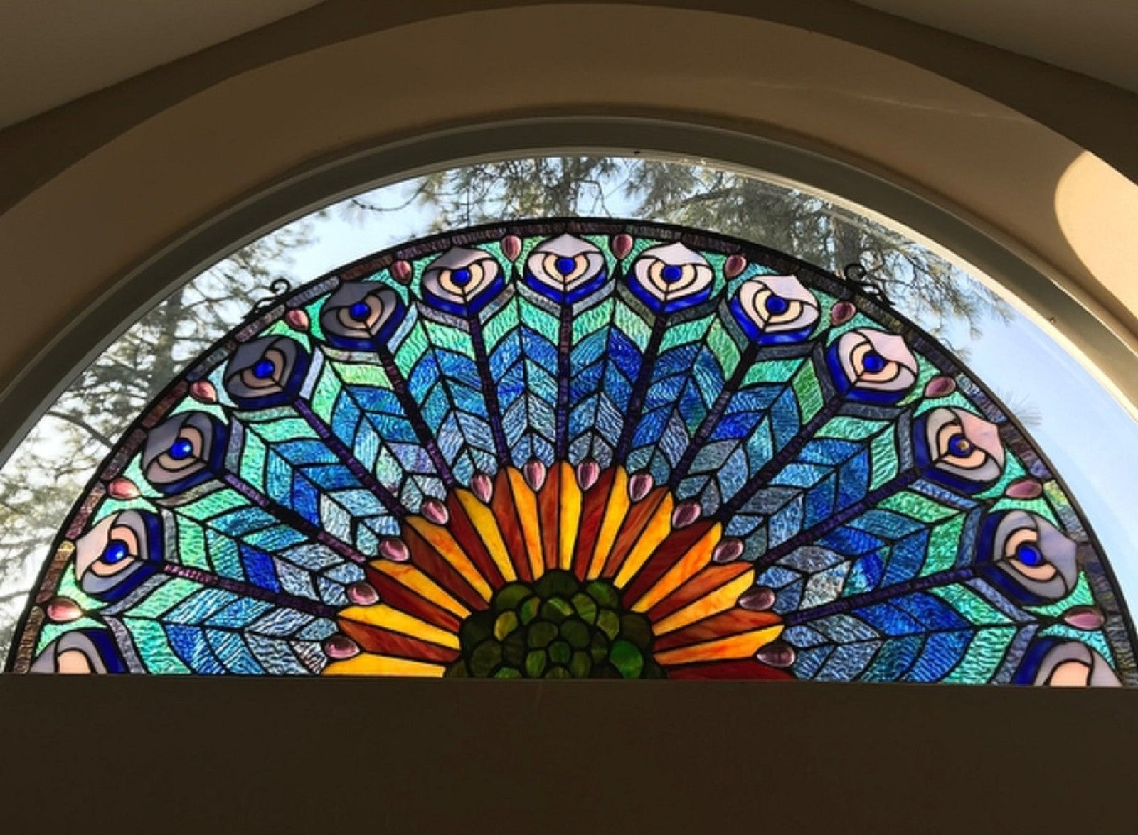 35" x 18"  Hanging Stained Glass Half Circle Window Panel Suncatcher