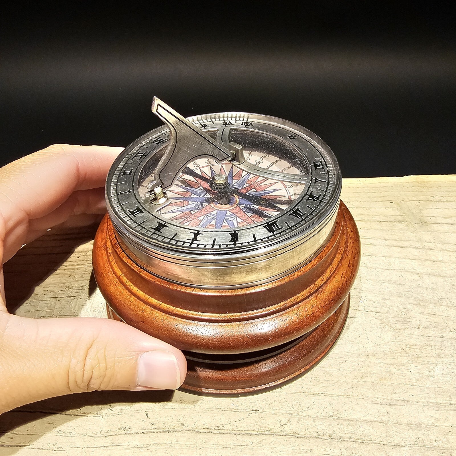 Antique Style Turned Mahagony Wood and Silver Plated Bronze Sundial Compass