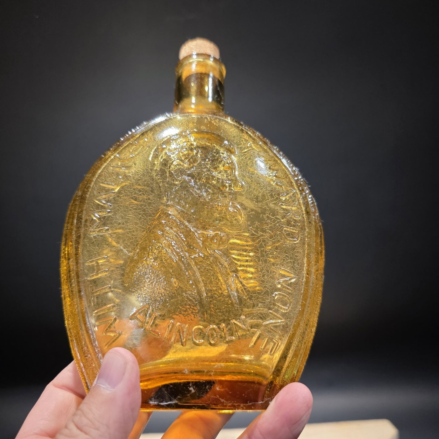 8" Vintage Style Amber Glass Abraham Lincoln Decanter Flask Bottle