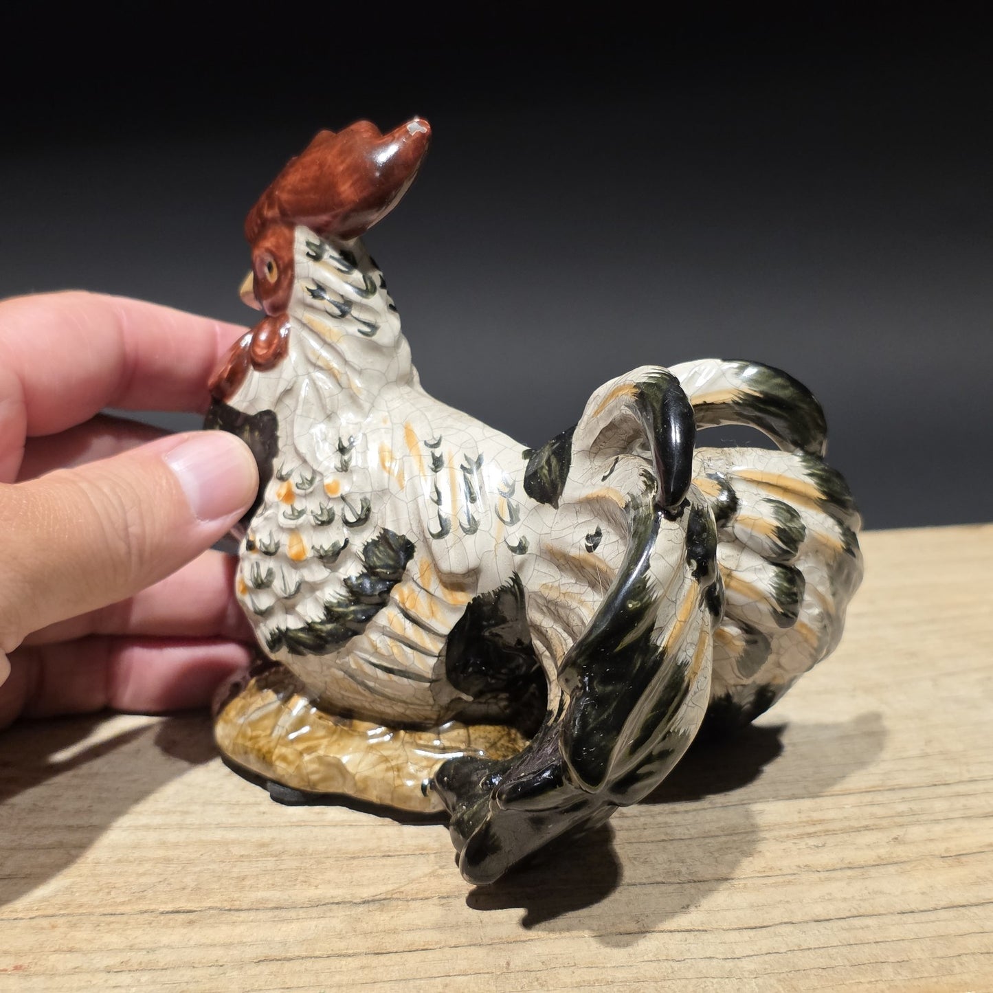 Ceramic Rooster Figurine – Majolica Style Farmhouse Chicken Decor