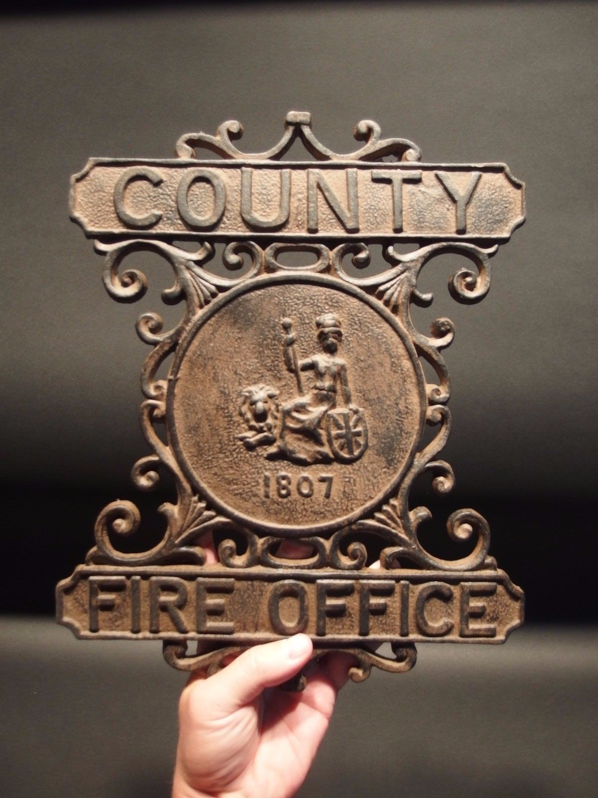 Antique Vintage Style Cast Iron County Fire Office Sign 1807 Fireman Plaque