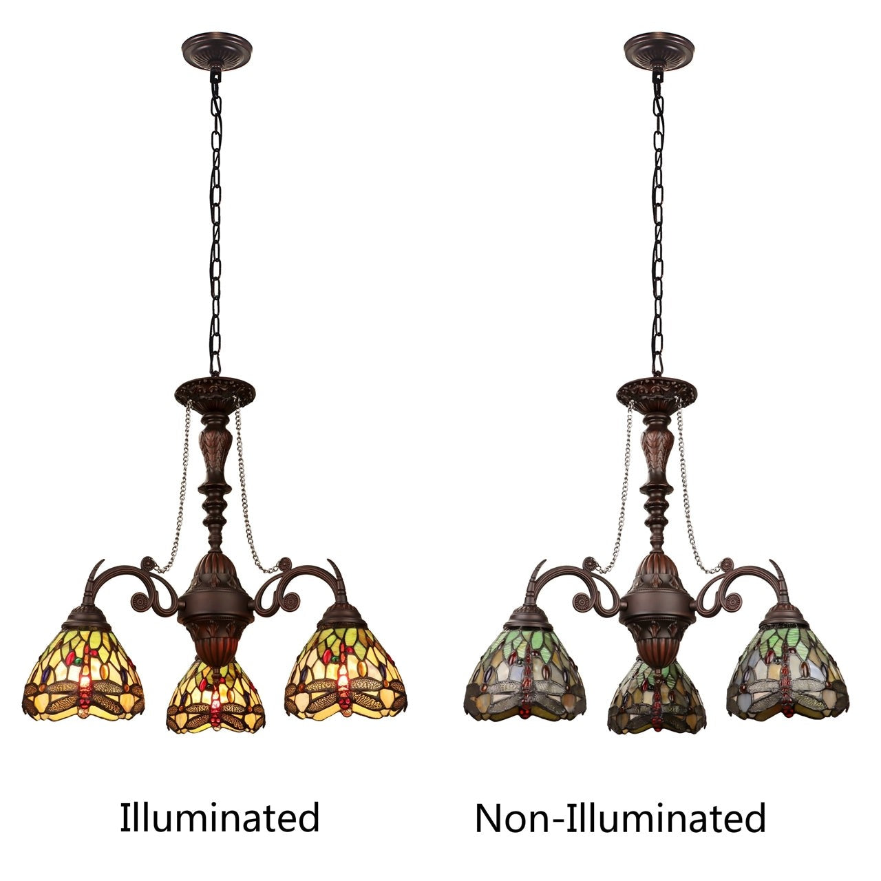 24" 3 Light Stained Glass Dragonfly Hanging Down Light Chandelier