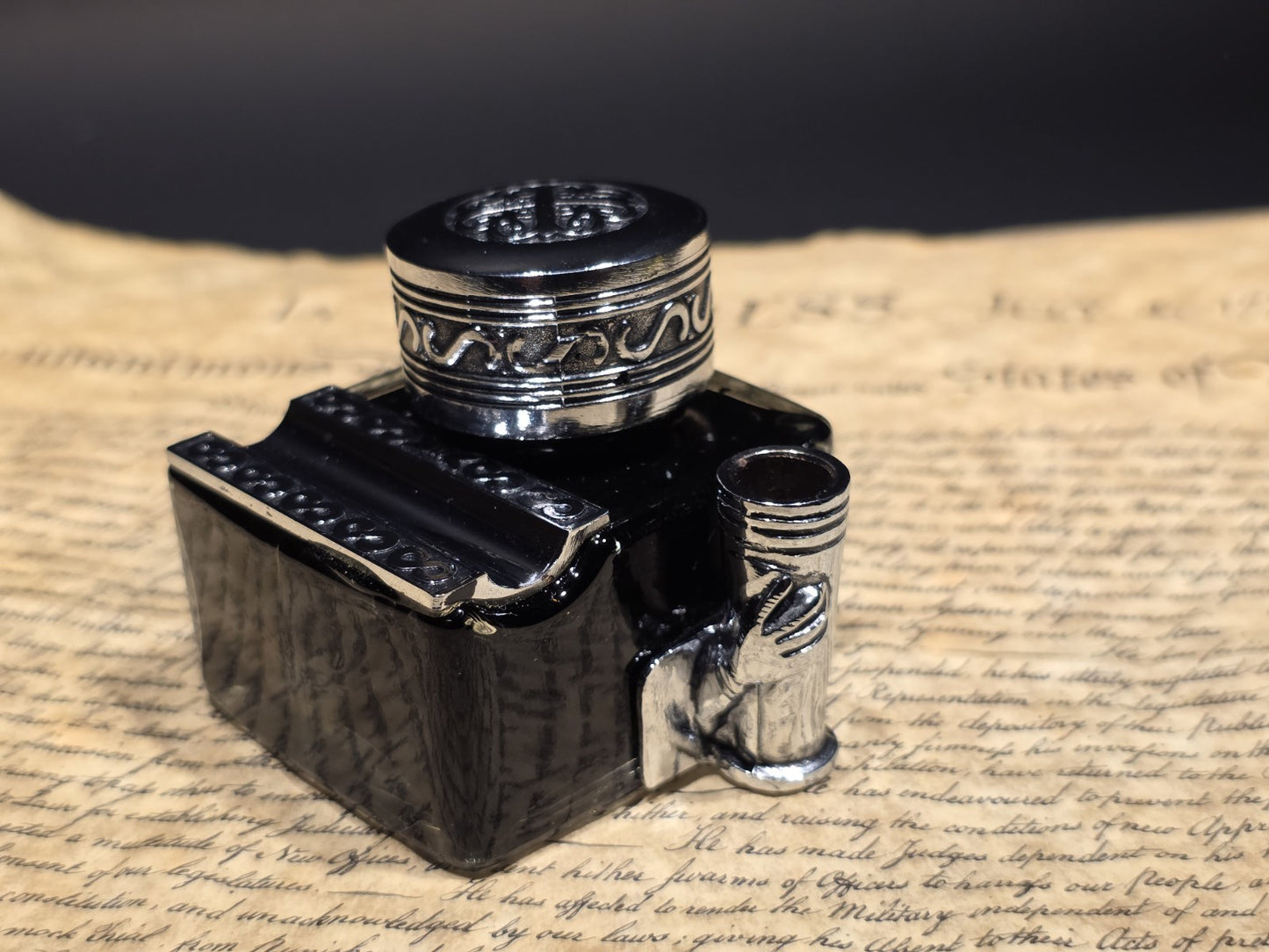 5" Antique Style Glass Inkwell Pen Rest Filled with 1.75 oz Black Ink