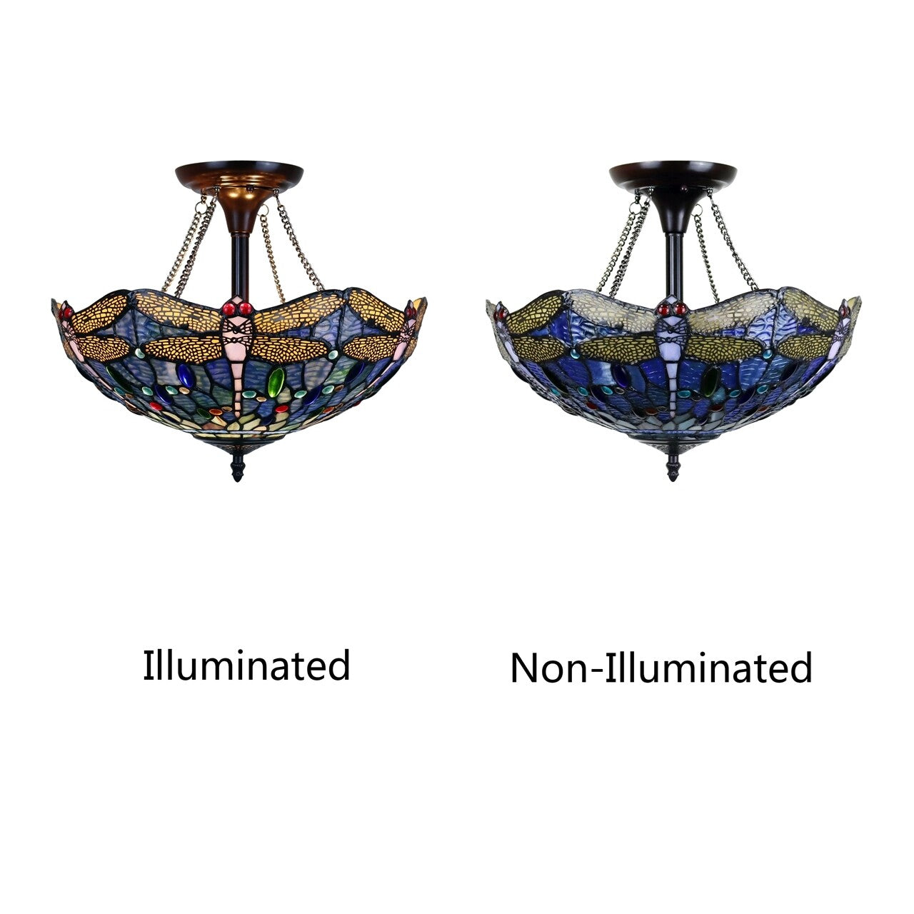 16" Dragonfly Stained Glass Semi Flush Ceiling Uplight