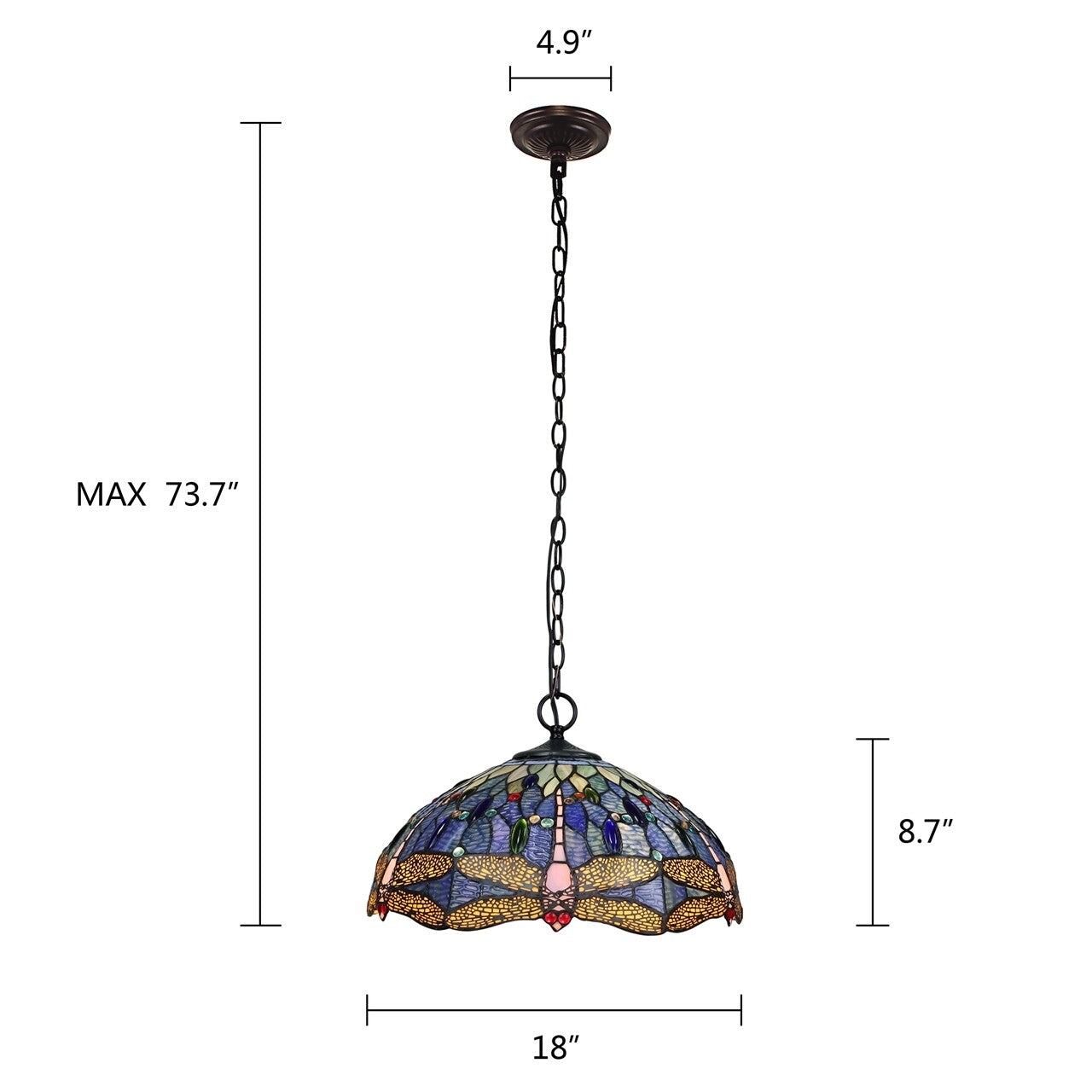 18" Stained Glass Blue Dragonfly Pendant Swag Ceiling Light