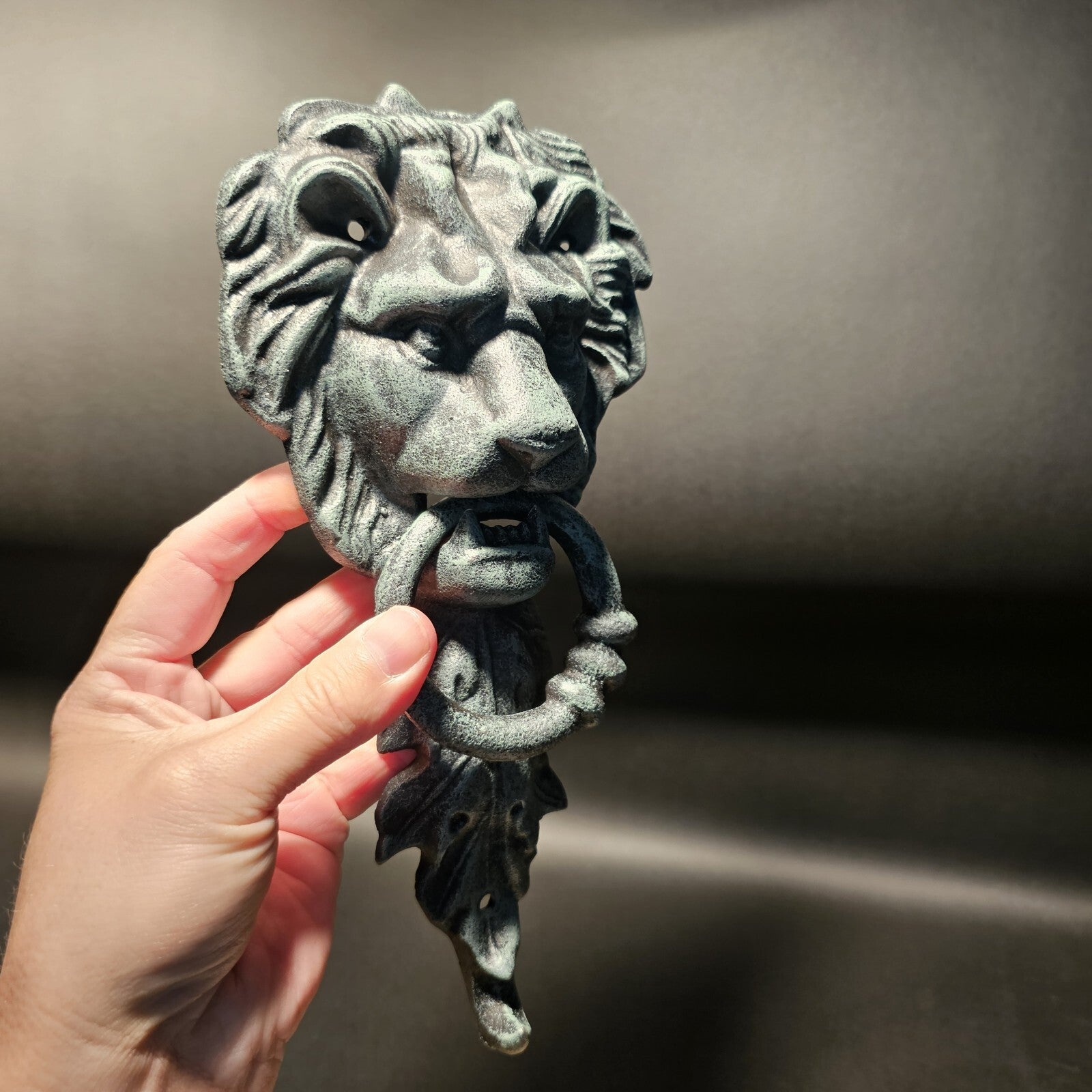 Antique Vintage Style Cast Verdi Green Iron Lion Door Knocker w Hook