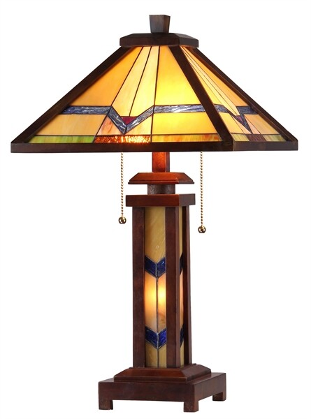 25.6  3 light Antique Vintage Style Stained Glass Wood Mission Table Lamp