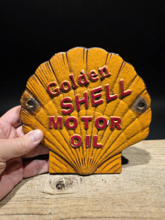 7"  Vintage Style Cast Iron Golden Shell Oil Sign Plaque