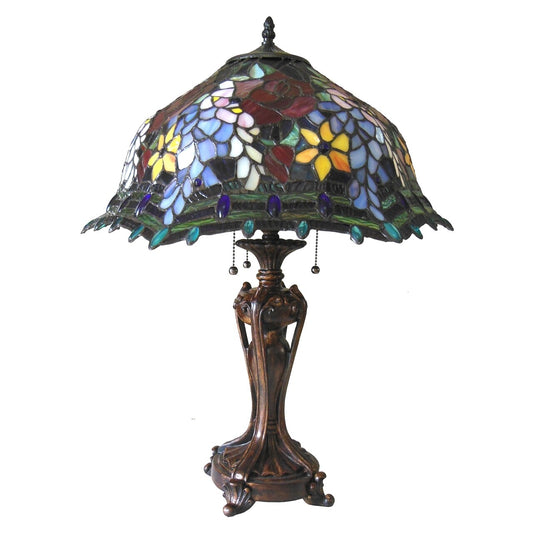 26" Antique Vintage Style Stained Glass Rose Floral Table Lamp