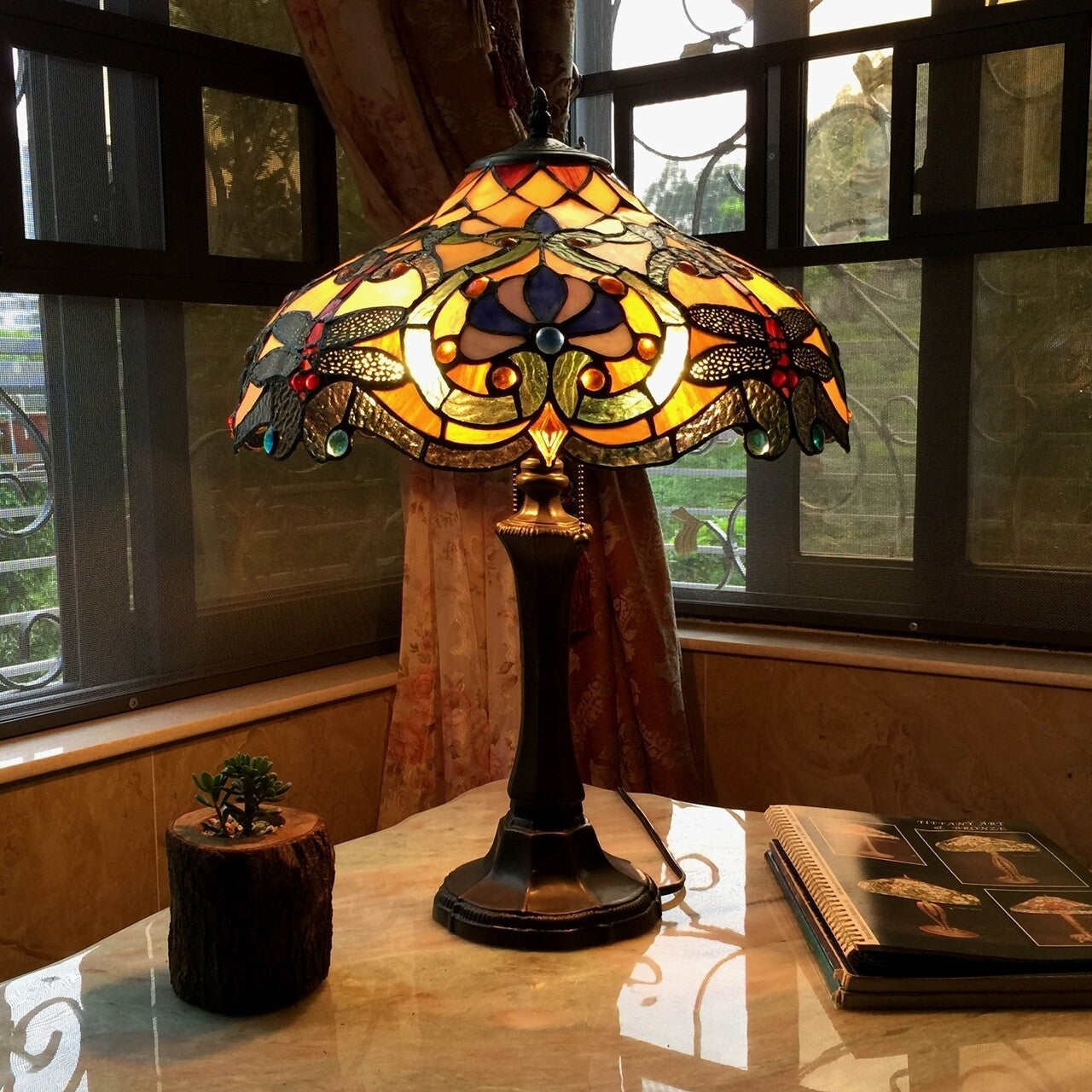 23" Antique Vintage Style Stained Glass Amber Dragonfly Table Lamp