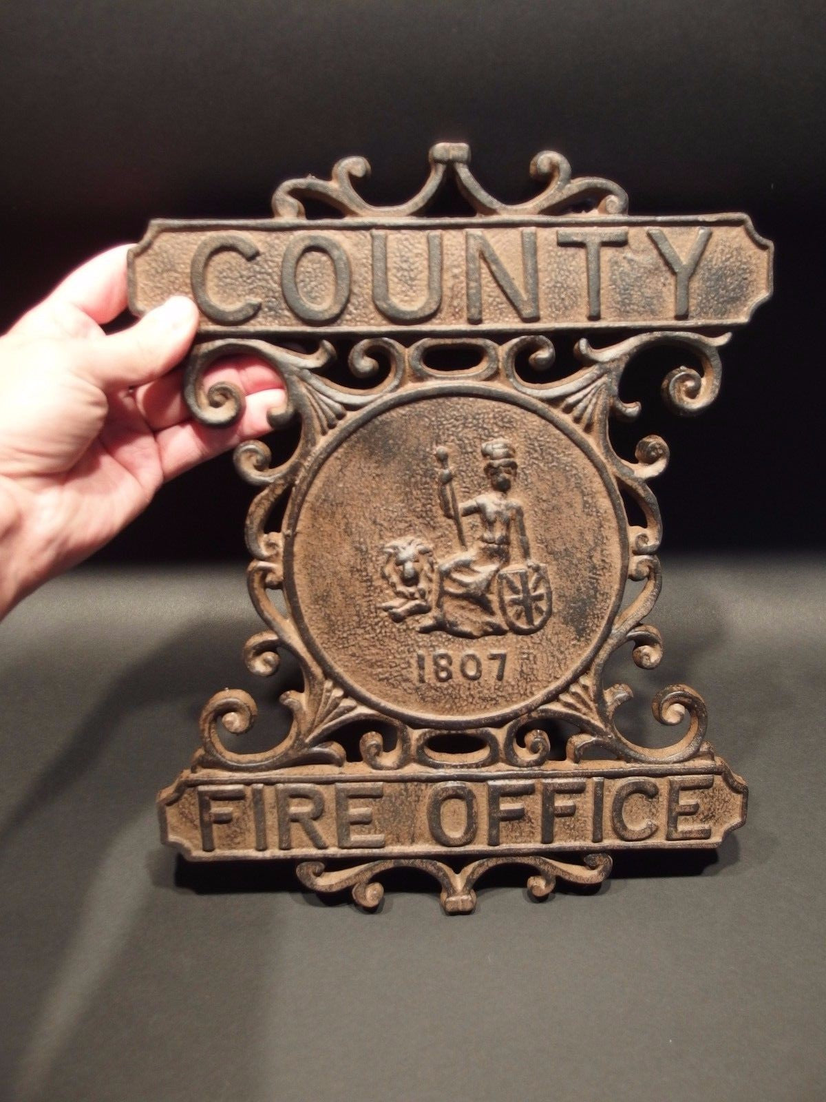 Antique Vintage Style Cast Iron County Fire Office Sign 1807 Fireman Plaque