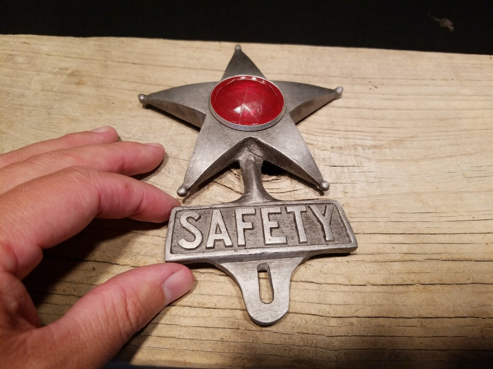 Antique Vintage Style Cast Aluminum Safety Star Car License Plate Fob Topper