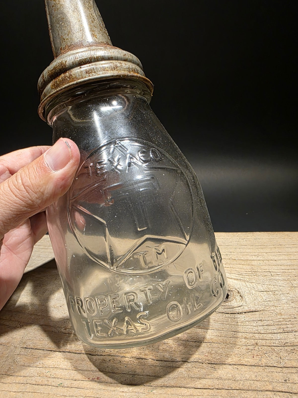 11" Vintage Style Glass Texaco Oil Bottle w Spout