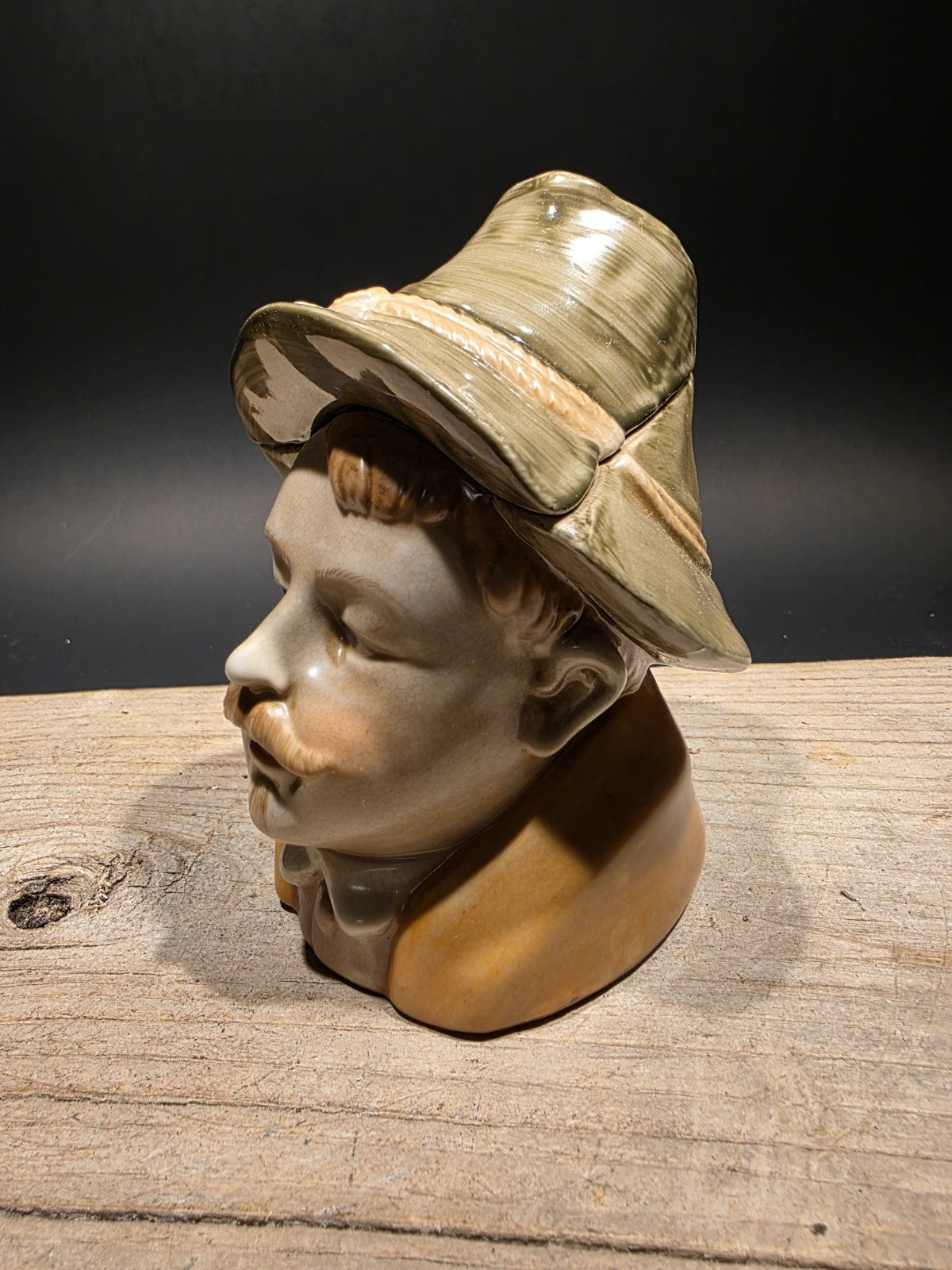 Antique Style Majolica Ceramic Humidor Figural Tobacco Jar